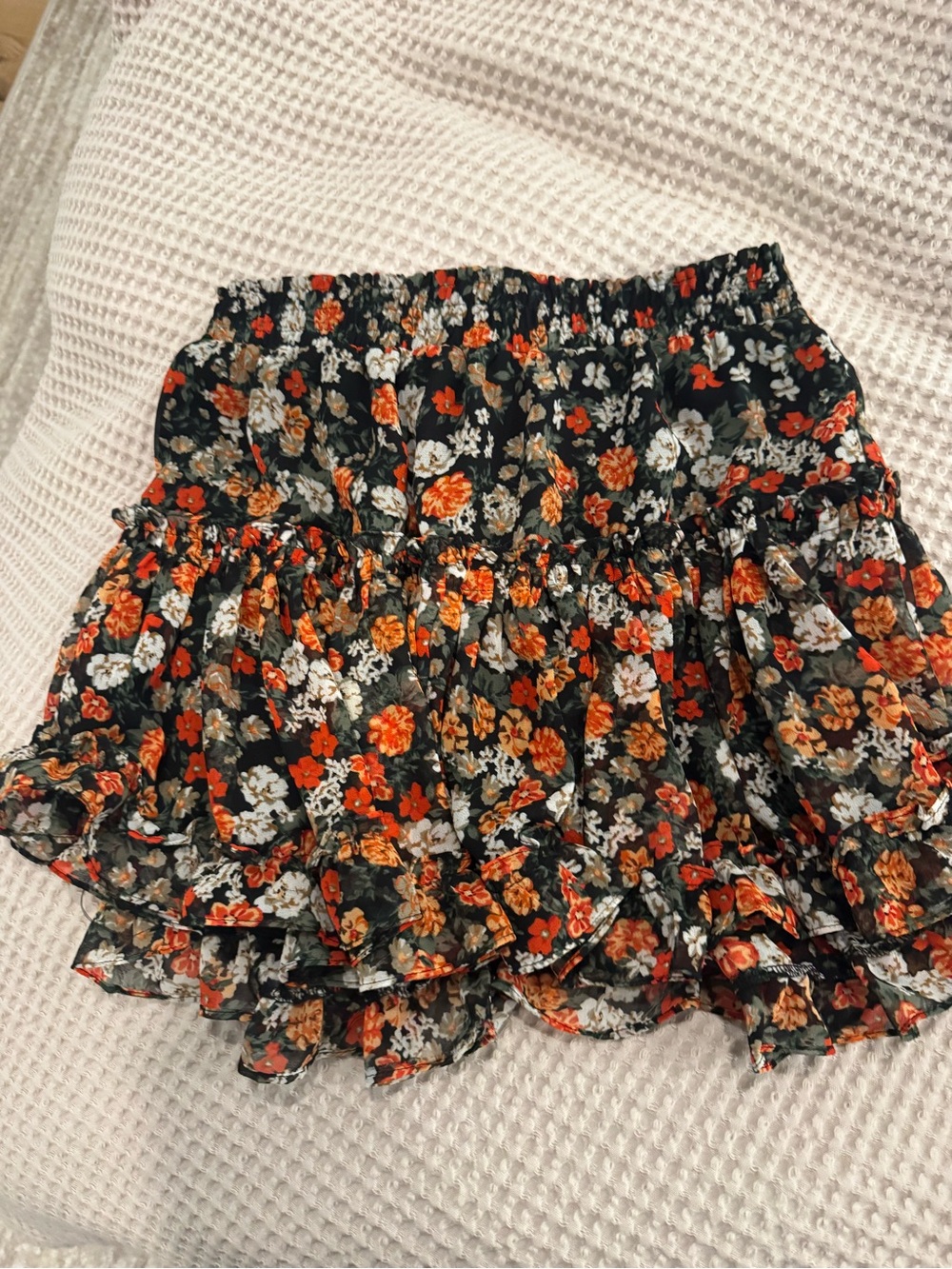 Misa Los Angeles Black Mini Skirt with Orange, White & Tan Floral Print